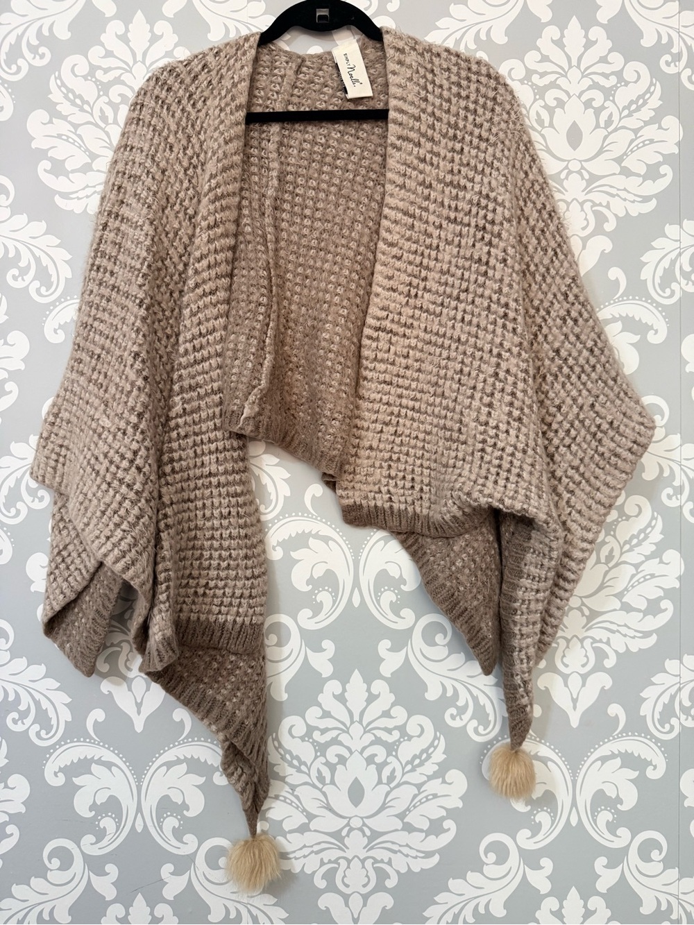 💫4/$25 • Simply Noelle Cozy Waffle-Knit Taupe Poncho Sweater with Pom Trim